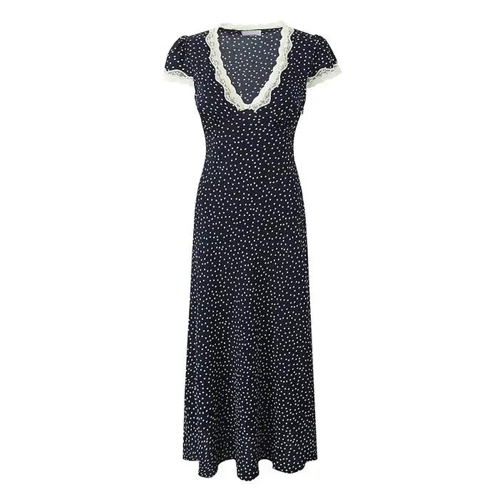 YENKYE-Robe longue bleu marine à pois pour femmes, bordure en dentelle, col en V, manches courtes, l
