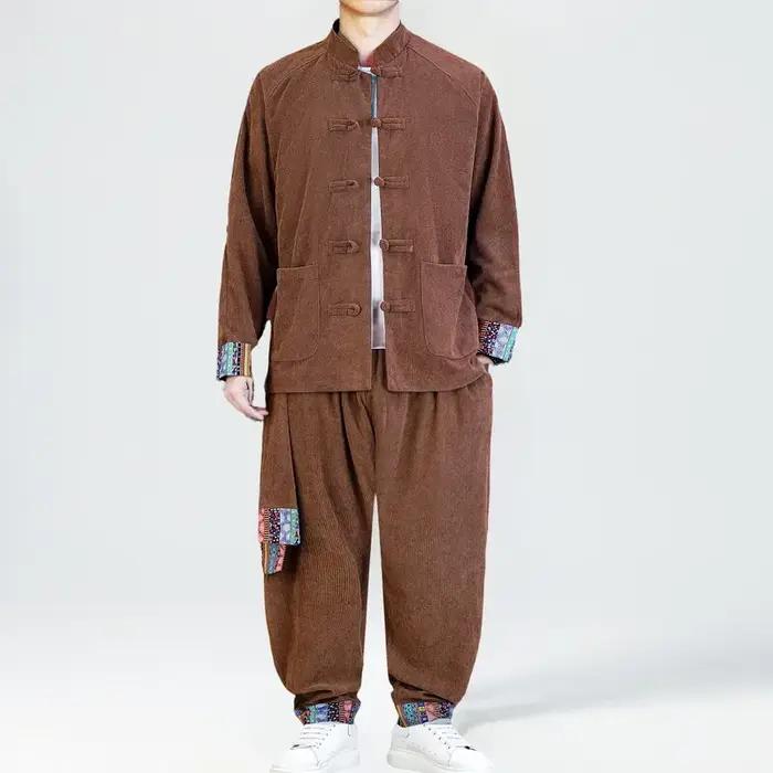 2025 hommes Style chinois rétro Tang costume hommes Patchwork velours côtelé ensemble imprimé Hanfu