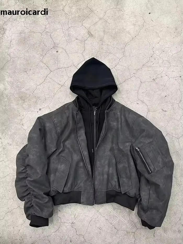 Mauroicardi printemps surdimensionné Vintage noir Faux daim veste en cuir hommes fermeture éclair fa
