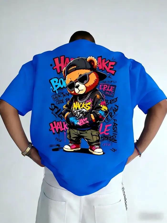 T-shirt à col rond pour hommes européens et américains, imprimé graffiti ours en peluche, confortabl