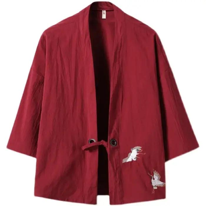Hommes Kimono grue broderie Harajuku Style japonais Cardigan décontracté coton hommes samouraï Costu