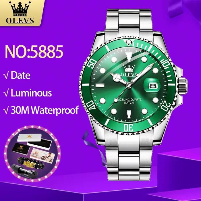 OLEVS 5885 montres pour hommes affaires bracelet en acier inoxydable montre à Quartz vert calendrier
