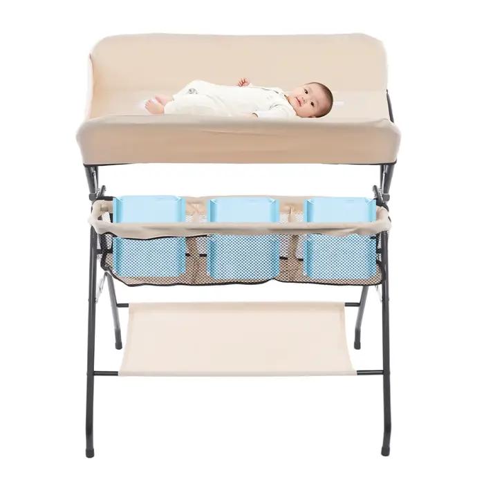 Table à langer pliable pour bébé, capacité de 33 lb, station à couches portable avec panier de range