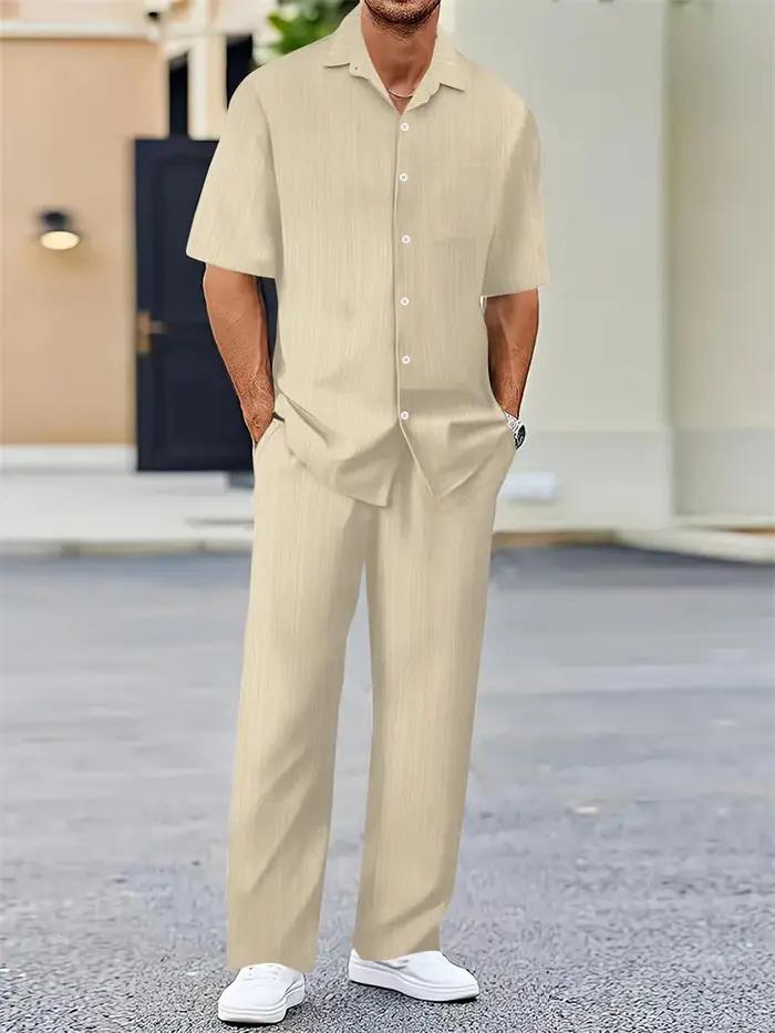 Printemps été hommes ensembles cardigan à manches courtes chemise à revers + pantalon costume hommes