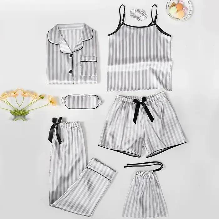 Ensemble pyjama rayé en soie pour enfants, 7 pièces, vêtements de maison, tenue de nuit confortable