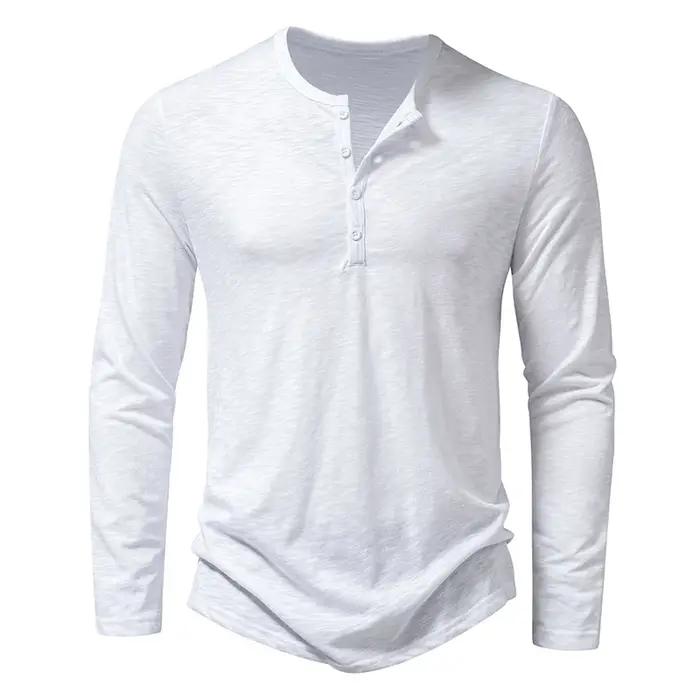 Nouveau hommes coton Henley t-shirt à manches longues T-Shirts basique décontracté bouton col respir