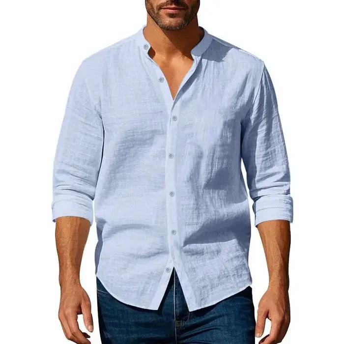 Chemise en coton et lin pour hommes, col Henley, couleur unie, légère, respirante, coupe cintrée, si