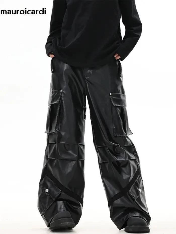 Mauroicardi-Pantalon Cargo en Cuir PU pour Homme, Baggy Noir, Jambes Larges, Poches Tridimensionnell
