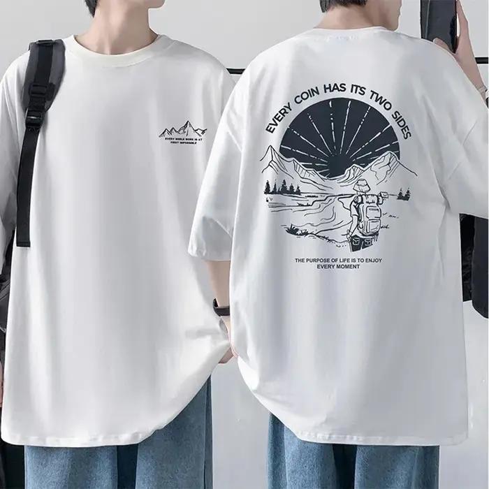 T-shirt en coton imprimé à manches mi-longues pour hommes, t-shirts décontractés à col rond, devant