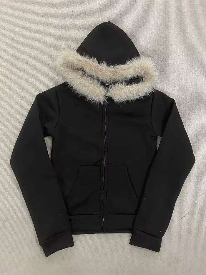 Y2K – sweat à capuche gothique Harajuku pour femmes, Sexy, Slim, Chic, col en fourrure en daim, lett