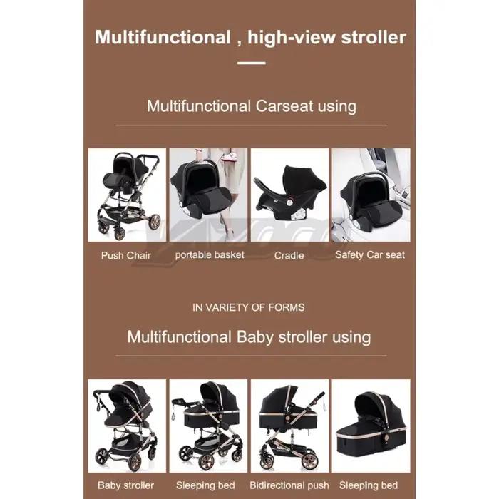 Poussette bébé pliable 3-en-1, poussette haute avec capote réglable et amortisseur, chariot portable