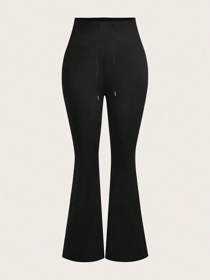 Pantalon noir taille haute à cloche pour femmes, cordon de serrage à la taille, extensible, doux pou