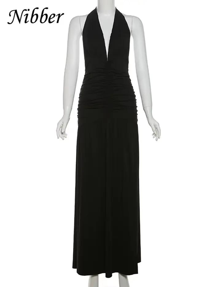 Nibber-Robe Longue Élégante pour Femme, Couleur Unie, Hipster, Col en V, Dos aux, Froncée, Fente Lat