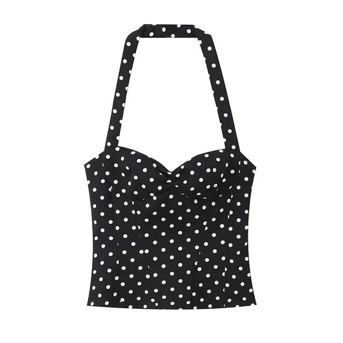 Haut pour femme, nouveau style été 2026, couleur unie, décor à pois, col halter, haut sexy, style va