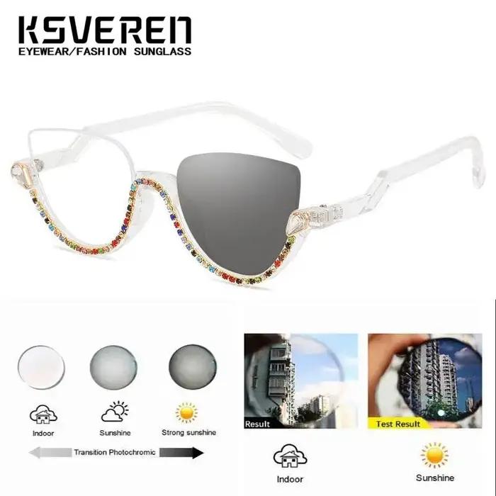 Lunettes de myopie photochromiques œil de chat en strass pour femmes, verres de Prescription finis,