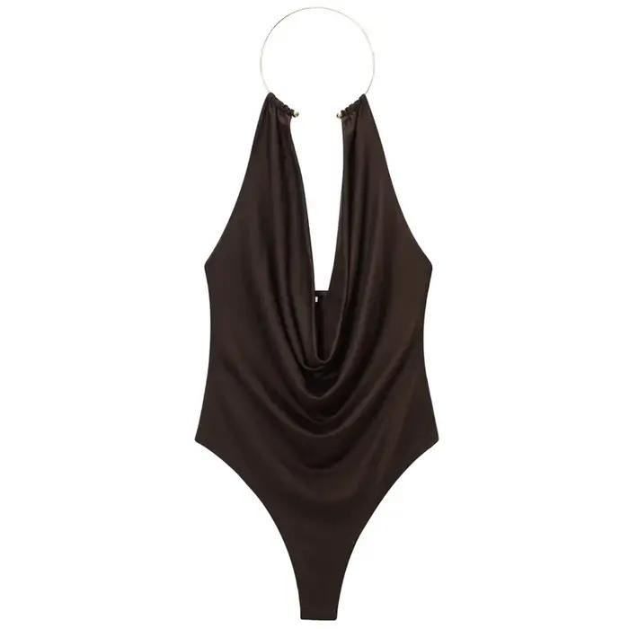HXAO marron licou body femmes été body pour femmes Sexy épaules nues sans manches string body avec d