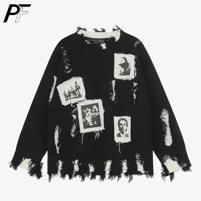 Pull col rond déchiré style rétro américain avec patch portrait, coupe ample, manches longues, décon