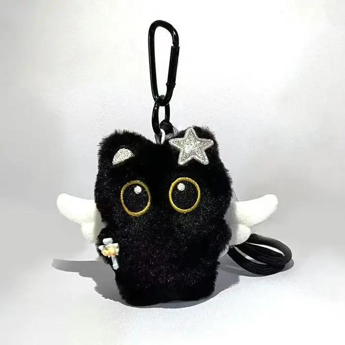 Porte-clés en peluche chat noir mignon, chaton de dessin animé, pendentif de poupée en peluche douce