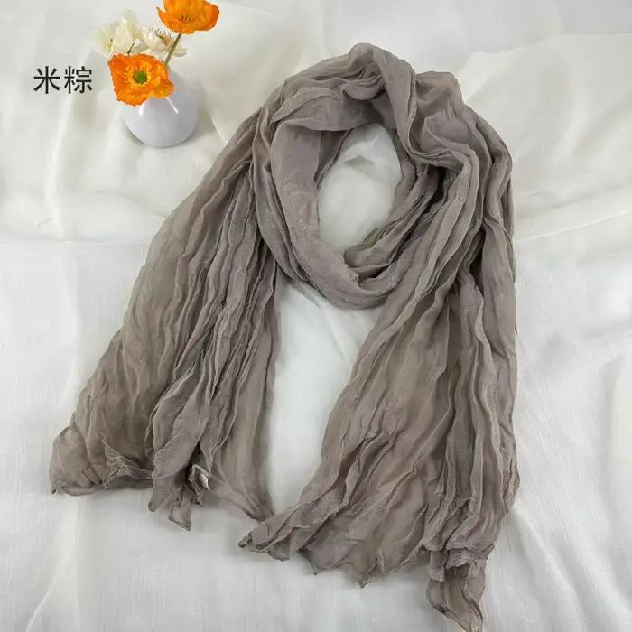 Foulards en coton et lin doux et respirant pour femmes, écharpe plissée de couleur unie, Style bohèm