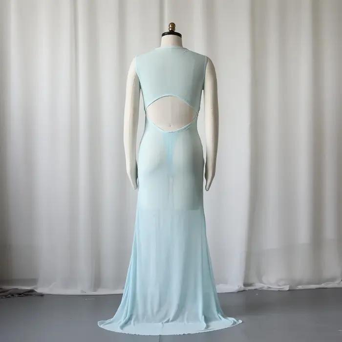Robes de maternité Photoshoot bleu ciel maman sexe révéler robe Sexy pure maille extensible ouverte