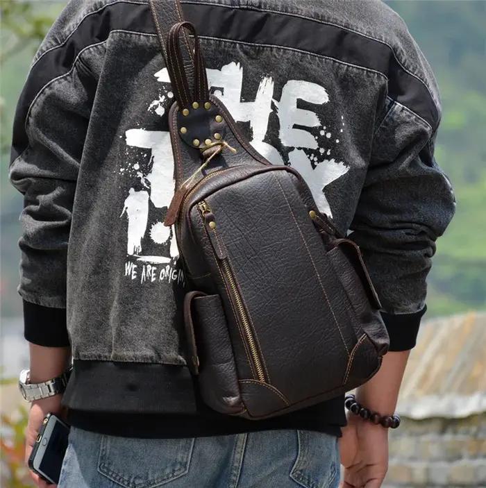PNDME – sac de poitrine rétro en cuir véritable pour hommes, sac à bandoulière multifonctionnel en c