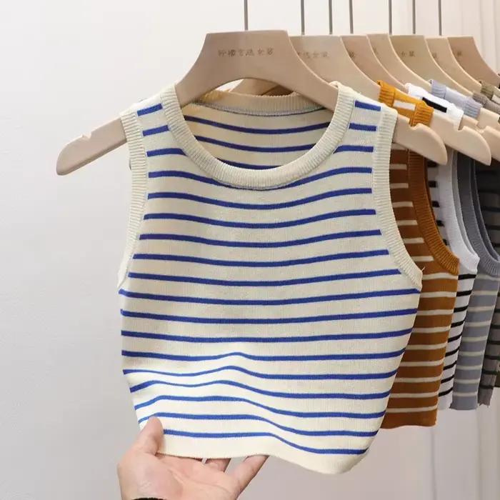 T-shirt court et slim à rayures pour femmes, gilets courts et décontractés, chemises d'été et de pri