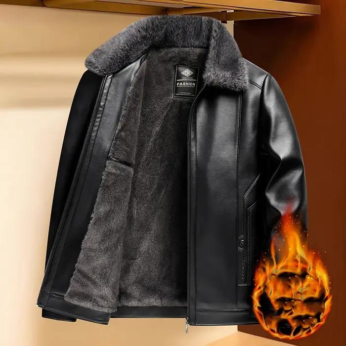 Manteau d'hiver en cuir pour homme, doublure polaire épaisse, coupe-vent, chaud, streetwear, col rab