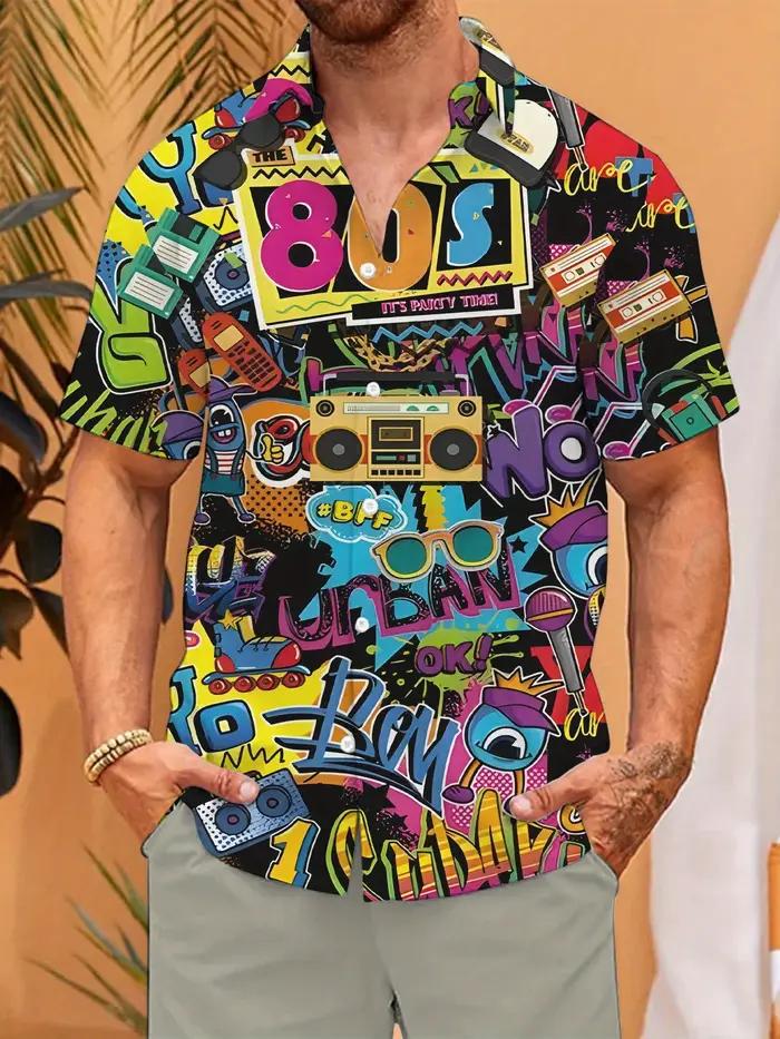Chemise homme manches courtes 80s rétro imprimé chemise boutonnée chemise de plage d'été chemise de