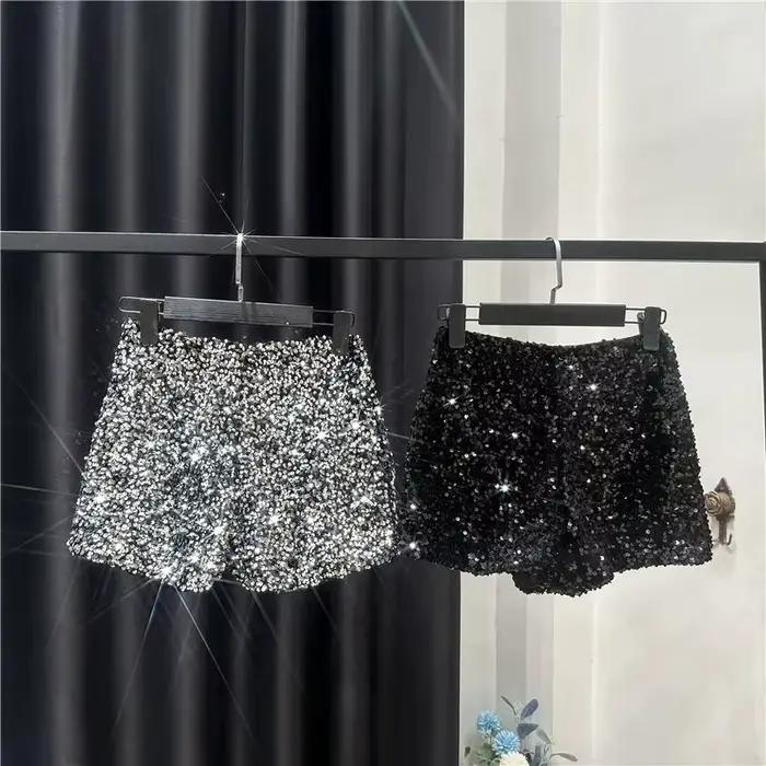 Short en Velours Noir pour Femme, Pantalon Court Polyvalent Brcorporelle à Paillettes, Nouvelle Coll