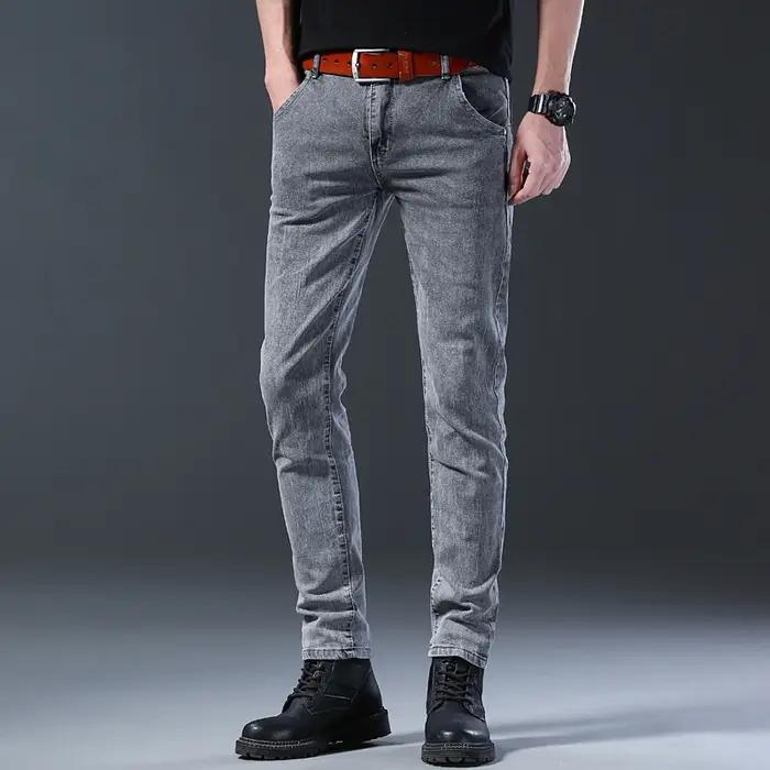 Jean nouveau style, coupe slim pour hommes, pantalon taille moyenne gris élastique à jambe droite co
