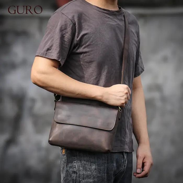 GURO-Sac messager vintage en cuir véritable pour homme, sac à bandoulière, cuir de vachette cheval,