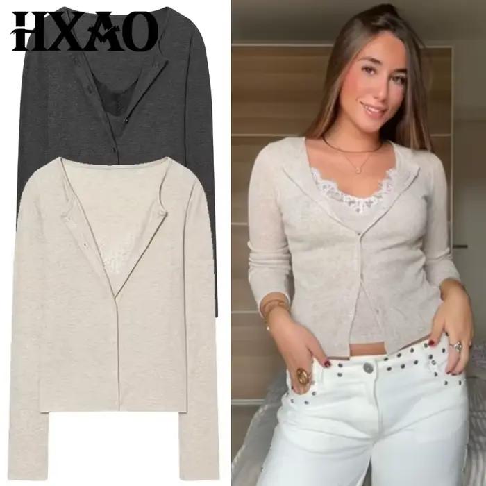 HXAO court tricot Cardigan pour femmes automne printemps Chic dentelle à manches longues tricots gri