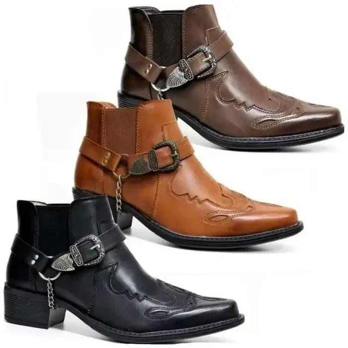 Mode 2025 hommes Vintage Cowboy bottes en cuir haut chaîne boucle sangle Punk chaussures bout pointu