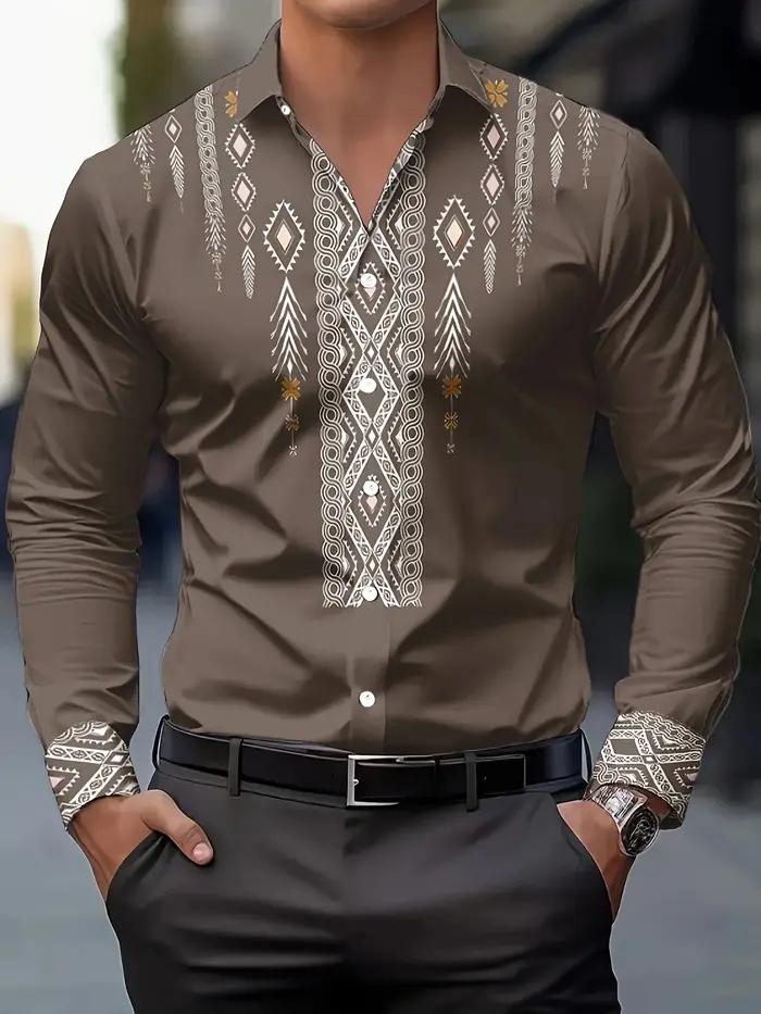 Chemise décontractée à imprimé ethnique pour hommes – Boutonnée respirante à manches longues avec mo