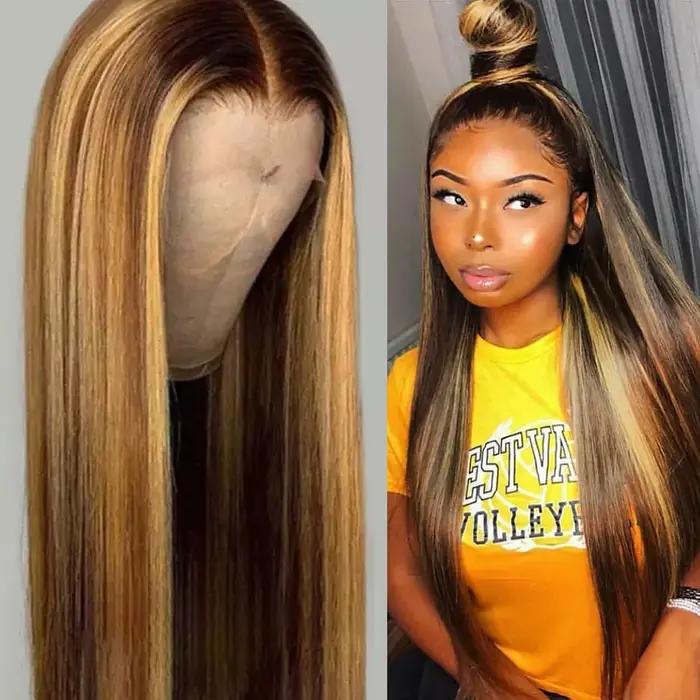 Perruque de nouveau style pour femmes, perruque de piano brune et dorée, cheveux longs et lisses ave