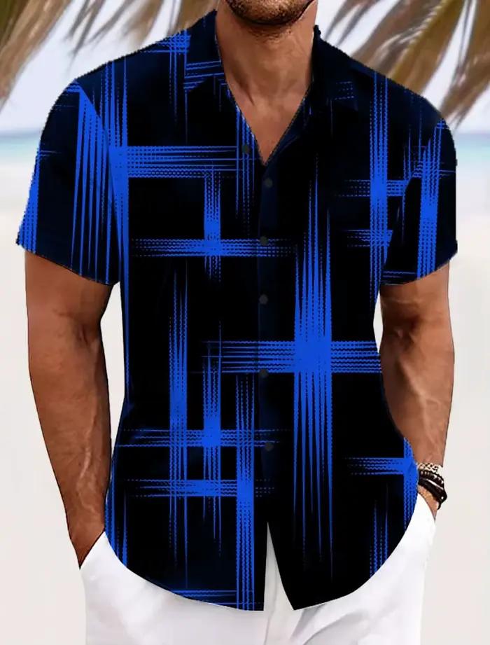 Chemise à carreaux à grille géométrique pour hommes, couleur dégradée, boutonnée, manches courtes, m