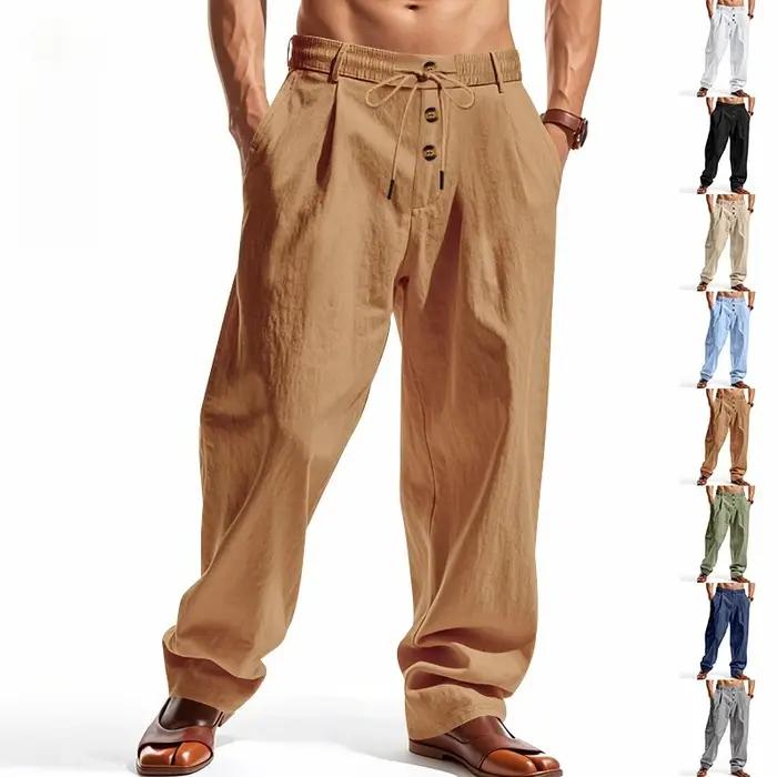 Pantalon large en lin mélangé pour homme, style bohème, taille haute, cordon de serrage, fermeture b