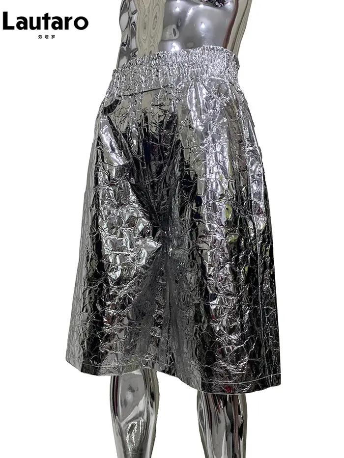 Lautaro été automne brillant argent Faux cuir Shorts pour hommes avec taille haute élastique Y2K Str