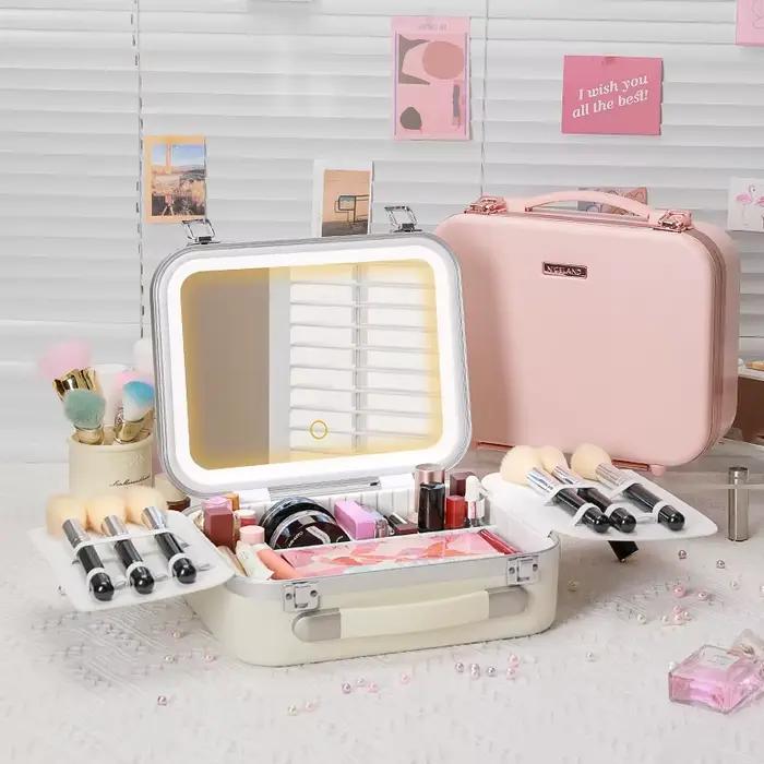 Boîte de rangement de maquillage portable avec lumière LED et miroir – Étui de train cosmétique adap