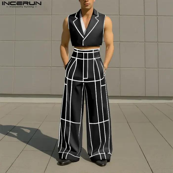INCERUN hommes ensembles Patchwork revers sans manches gilets courts et pantalons à jambes larges de
