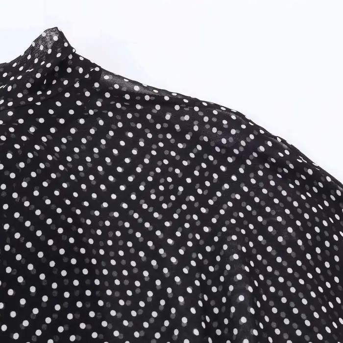 Ensemble deux pièces Streetwear pour femmes, chemisier à pois avec nœud papillon, jupe longue, chemi