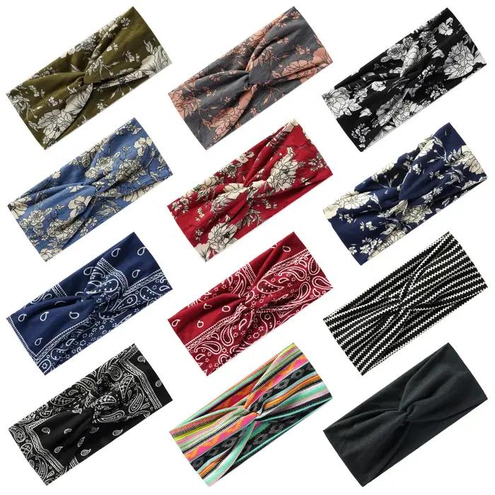 Mode bohème bandes de cheveux imprimer femmes filles bandeaux Vintage croix Turban pansement Bandana