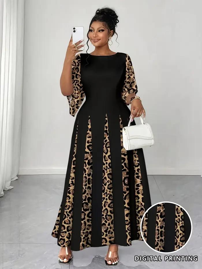 Robe maxi élégante à imprimé léopard, robe longue à manches longues tendance grande taille, vêtement