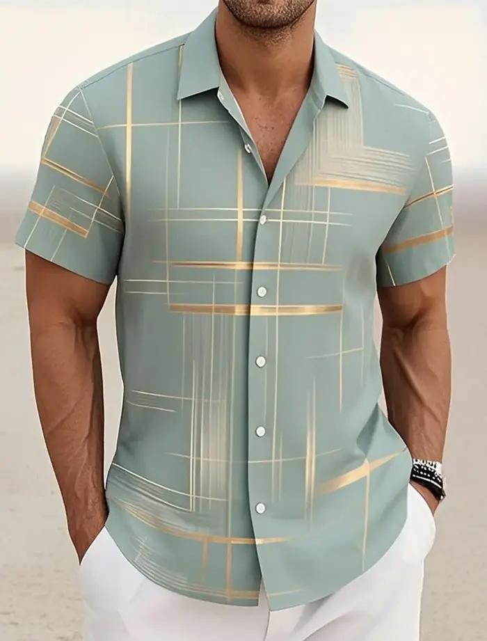 Chemises d'été à carreaux à grille géométrique pour hommes, chemise hawaïenne à manches courtes raba
