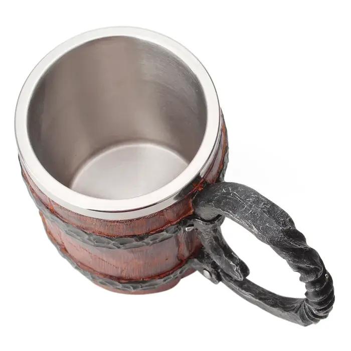 Tasse à Bière en Bois de Style Viking, Simulation de Baril en Bois, à Double Paroi, Isolée en Métal,