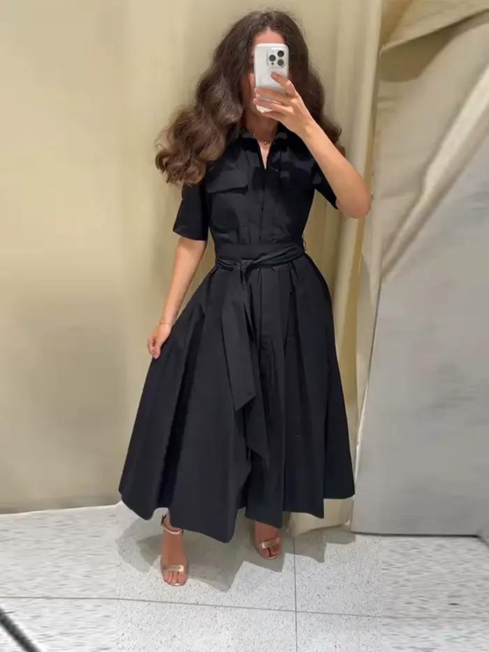 Nouvelle Robe Longue Plissée Noire Élégante pour Femme avec Ceinture, Manches Longues et Col Revers,