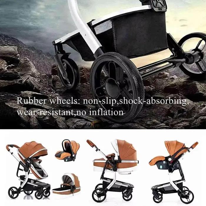 Poussette 3 en 1 en cuir PU pour bébé, avec mousqueton, siège de voiture, absorbant les chocs, imper