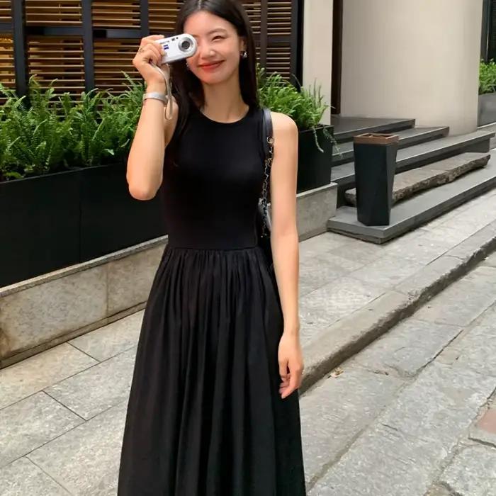 Robe mi-longue noire vintage pour femmes, style de vacances, col rond, poches décontractées, vêtemen
