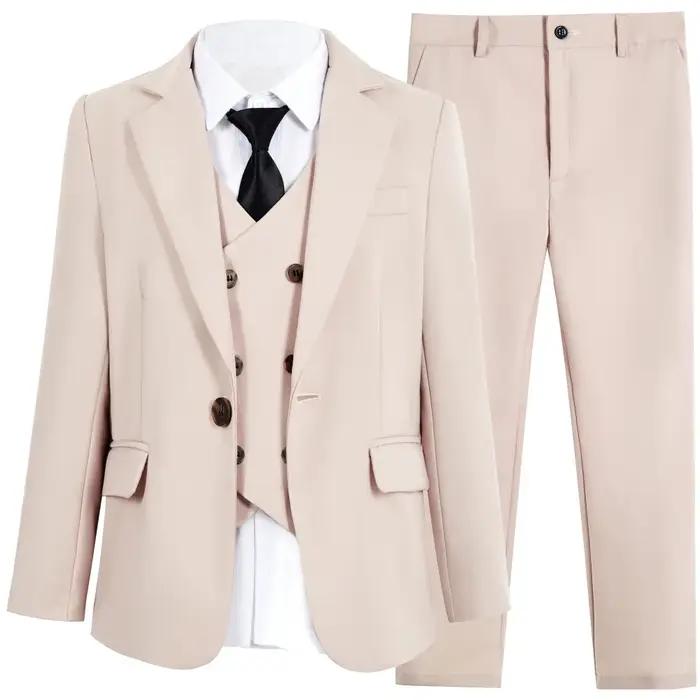 Ensemble de costume formel beige pour garçons, 4 pièces, vêtements de scène, revers cranté, ensemble