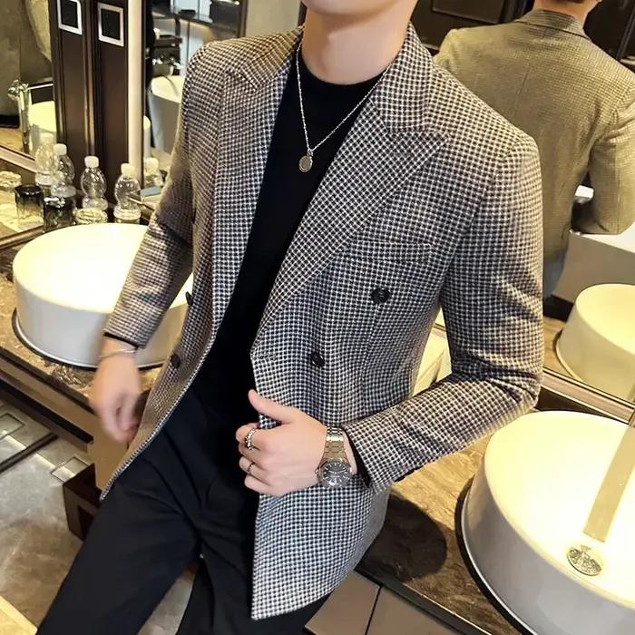 Blazer pied-de-poule pour hommes, Style britannique, Double boutonnage, coupe cintrée, veste de cost